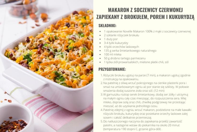 Zapiekany makaron z brokułem, porem i kukurydzą - przepis
