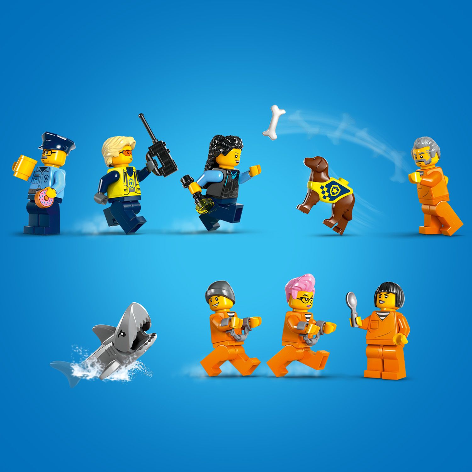 Minifigurki trzech policjant�w, czterech z�odziejaszk�w, figurki psa i rekina